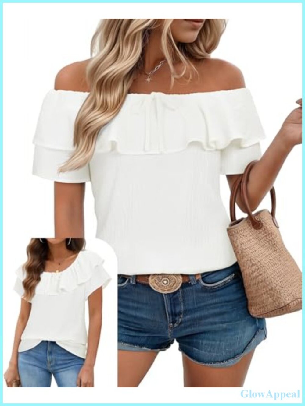 Women Off Shoulder Ruffle Sleeve Chiffon Blouse Convertible Neck Short Sleeve